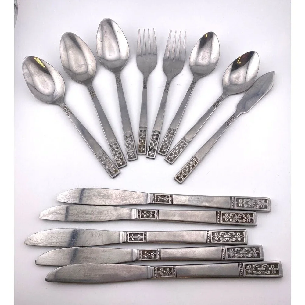 Customcraft Stainless Steel Flatware Silverware 13pc Lot Fleur de Lis Vintage